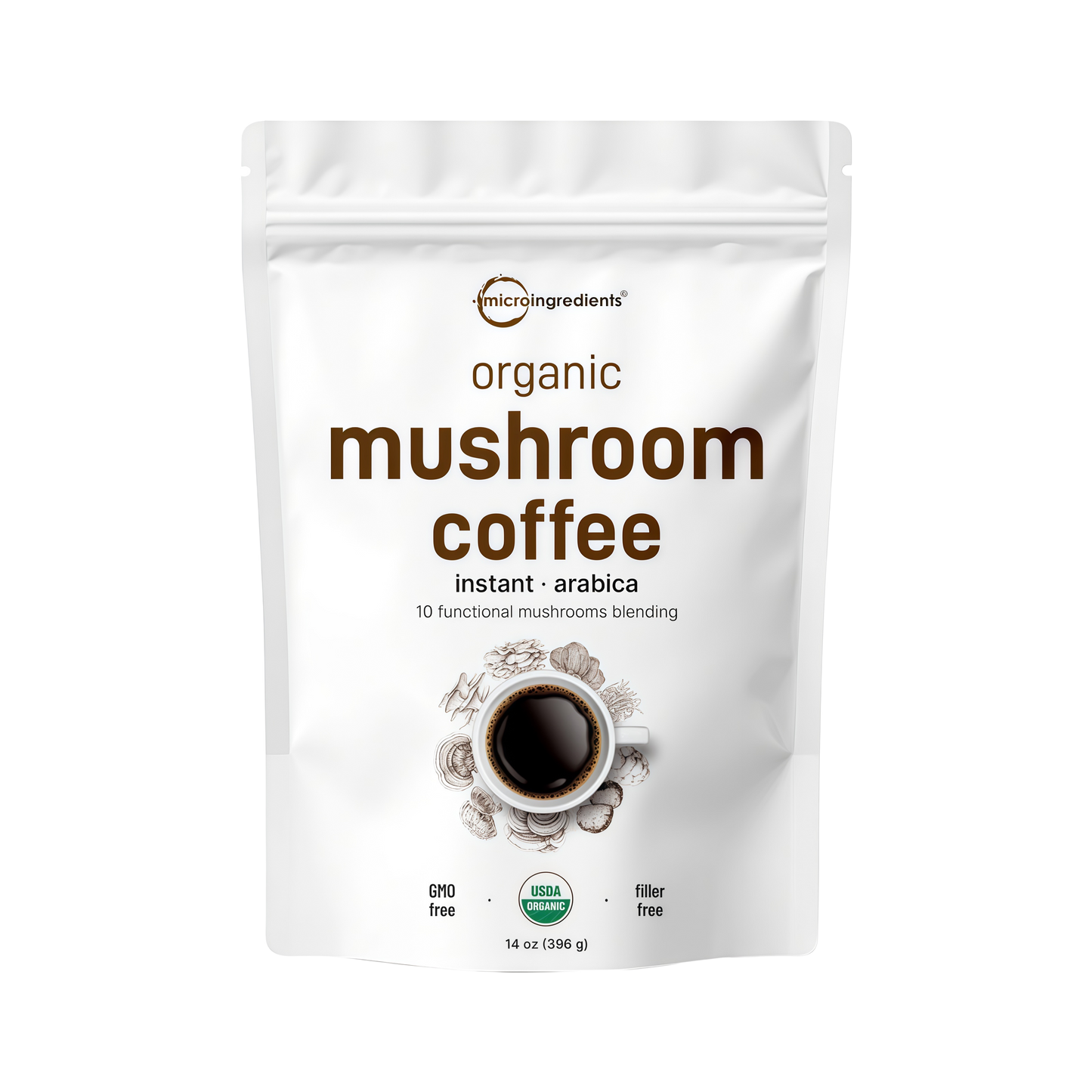 Micro Ingredients Organic Instant 10 in 1 Mushroom Coffee Powder, 14 Ounce (158 Servings) | Premium Arabica Coffee with Lion’s Mane, Chaga, Reishi & More